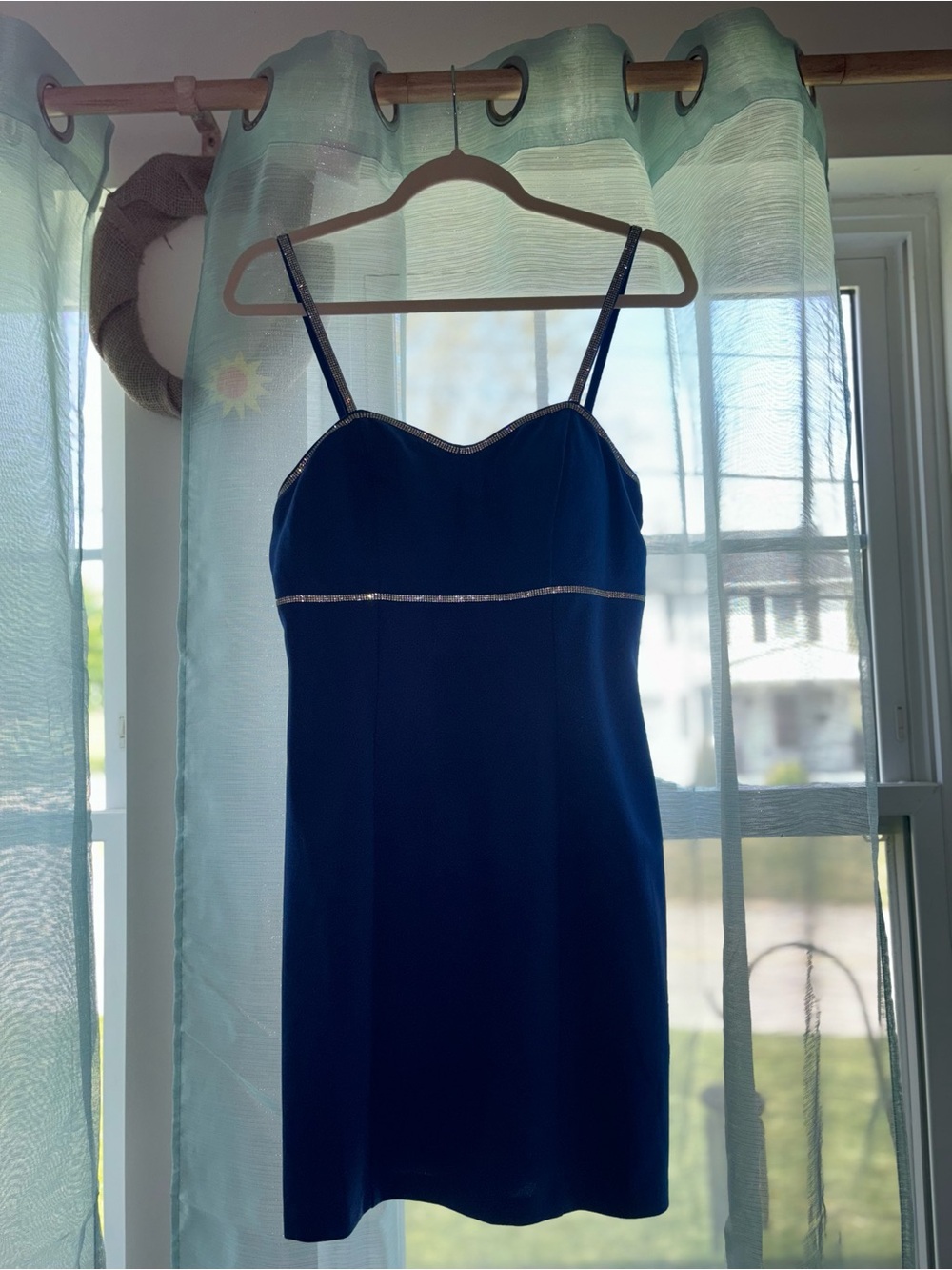 Cobalt Blue Spaghetti-Strap Evening Dress with Silver Trim
